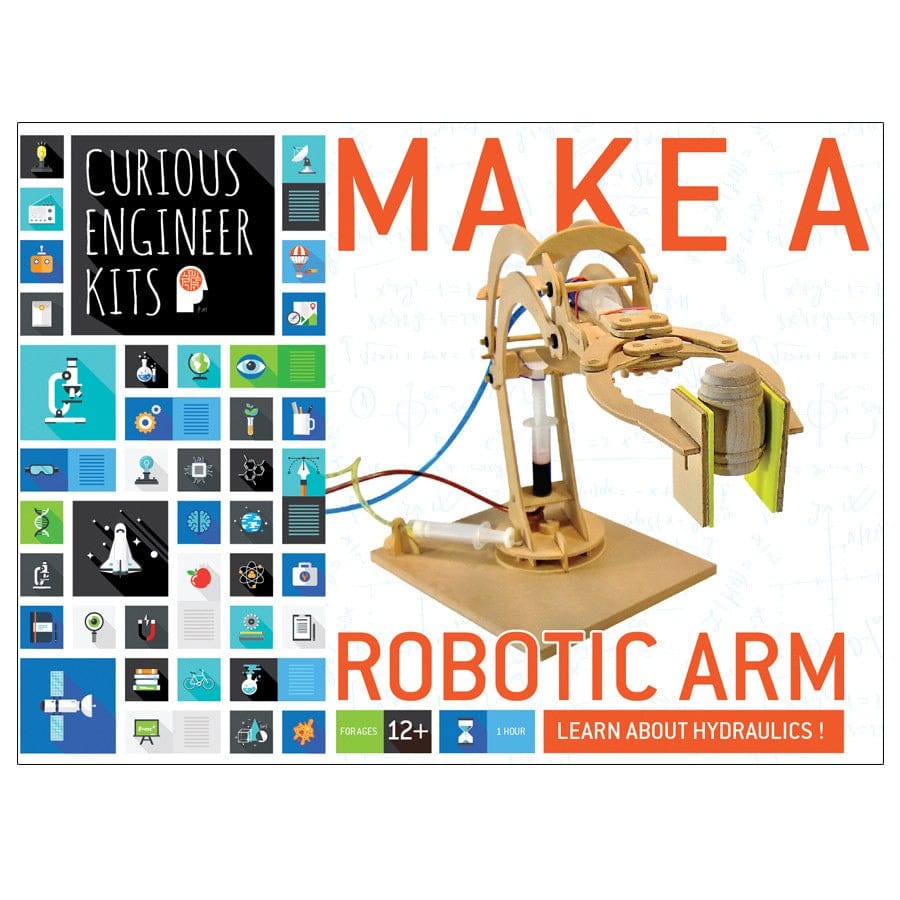 Curious Engineer Kits with a wooden robotic arm model and colorful icons.