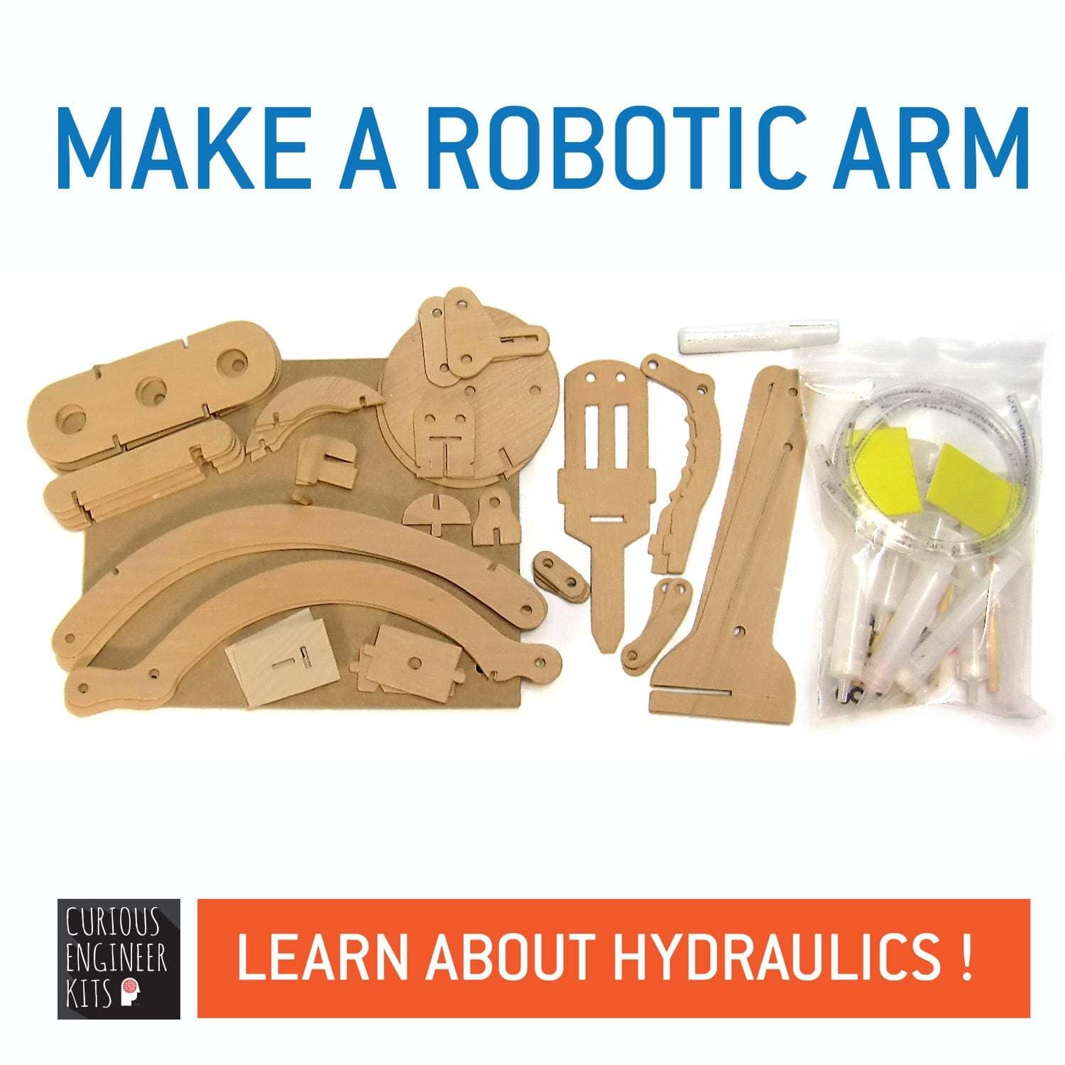 Robotic arm kit with components and hydraulic parts on a white background, featuring Curious Engineer Kits branding.