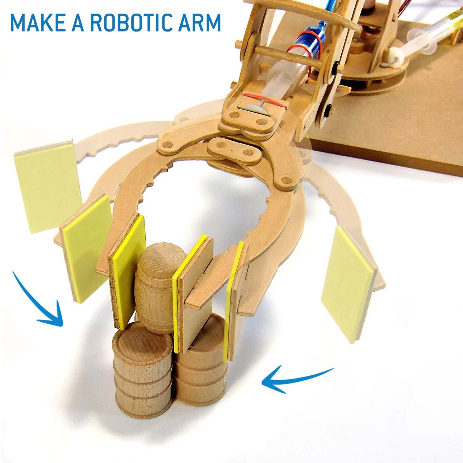 Wooden robotic arm model with mechanical components on a white background