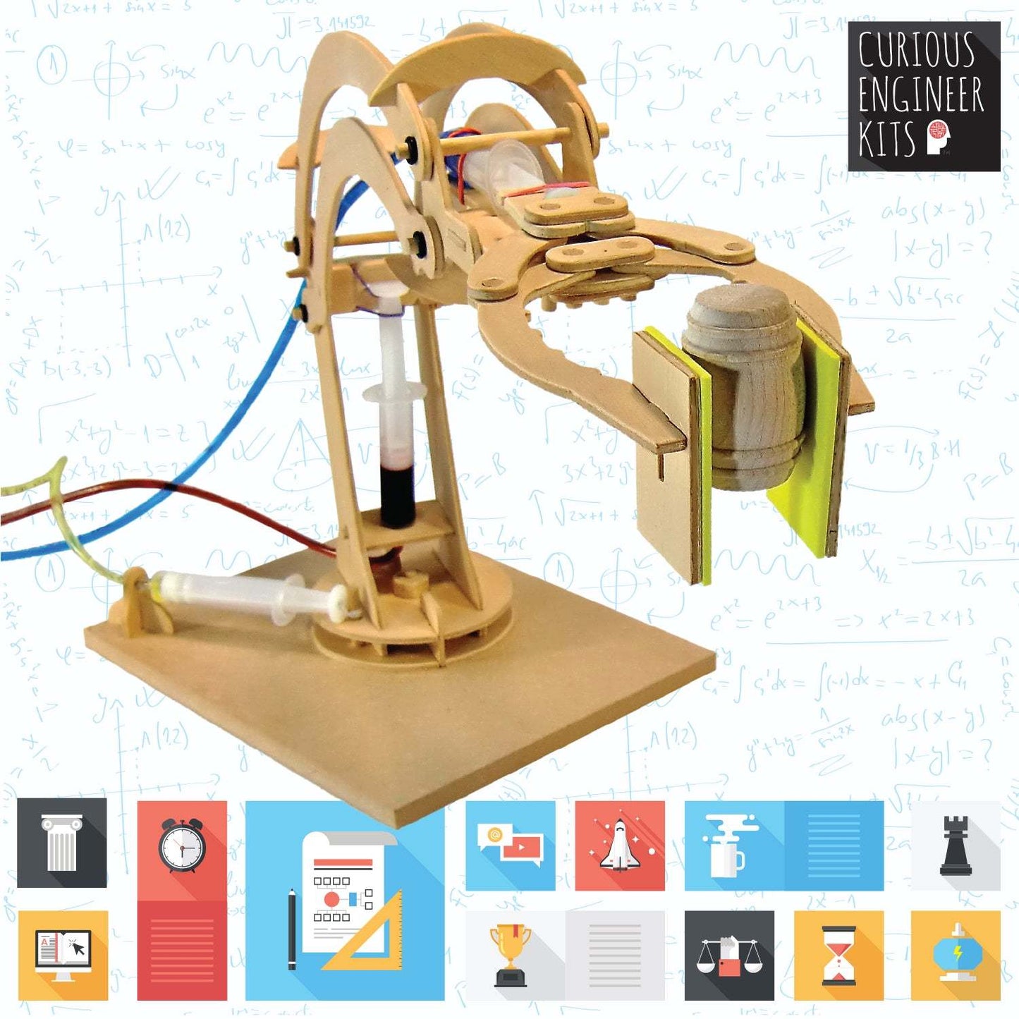 Wooden mechanical model kit with various components on a white background, branded 'Curtious Engineer Kits'.