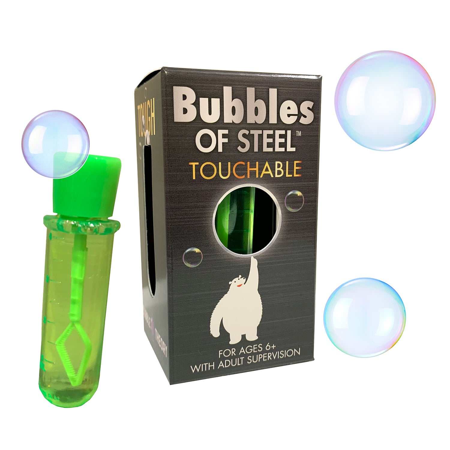 Green bubble wand with 'Bubbles of Steel' packaging on a white background