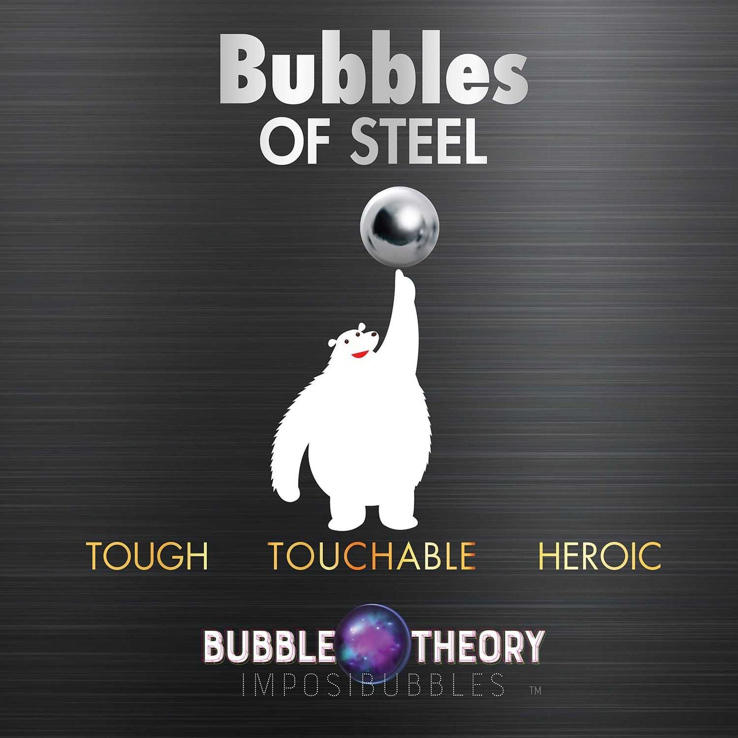 Advertisement for 'Bubbles of Steel' with a cartoon bear and metallic bubble on a dark background, featuring the brand 'Bubble Theory'.