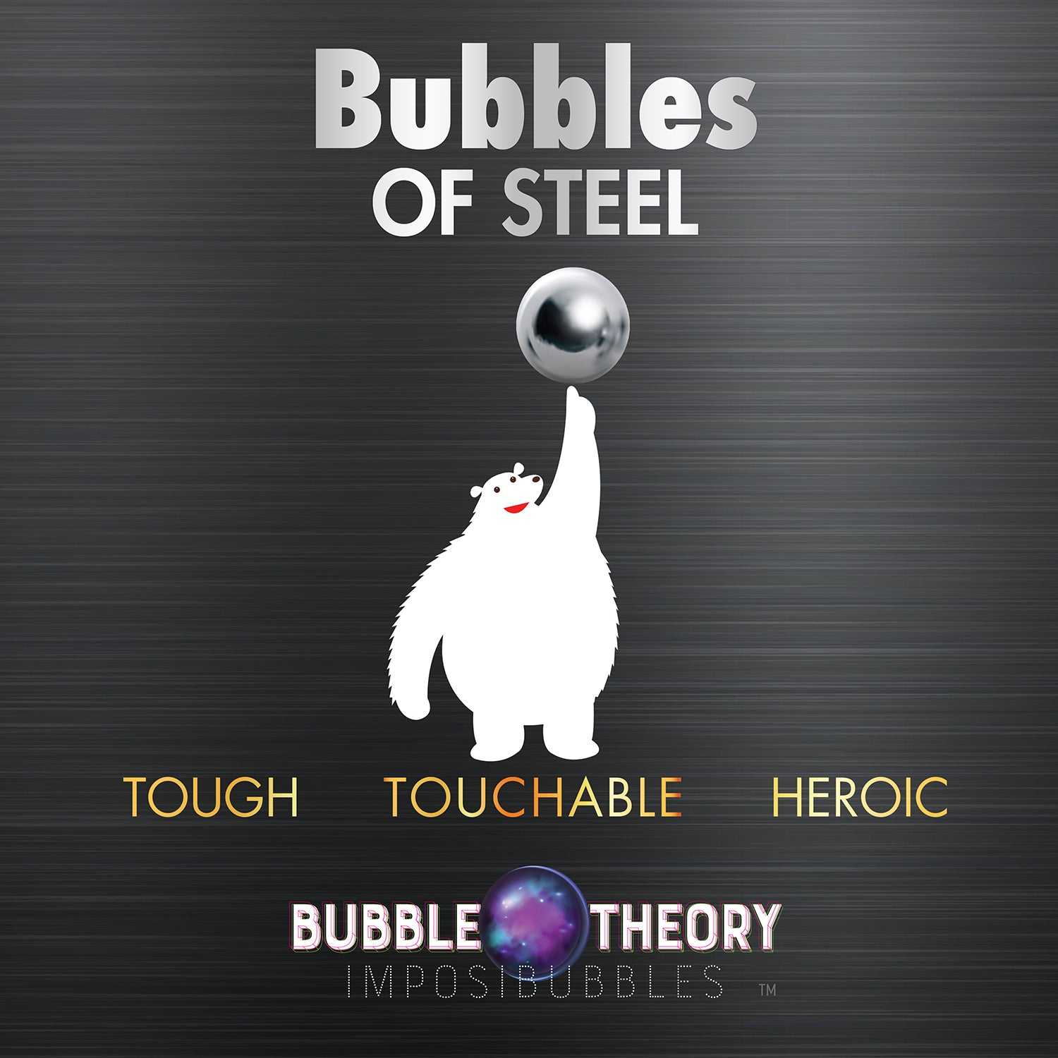 Advertisement for 'Bubbles of Steel' with a cartoon bear and metallic bubble on a dark background, featuring the brand 'Bubble Theory'.