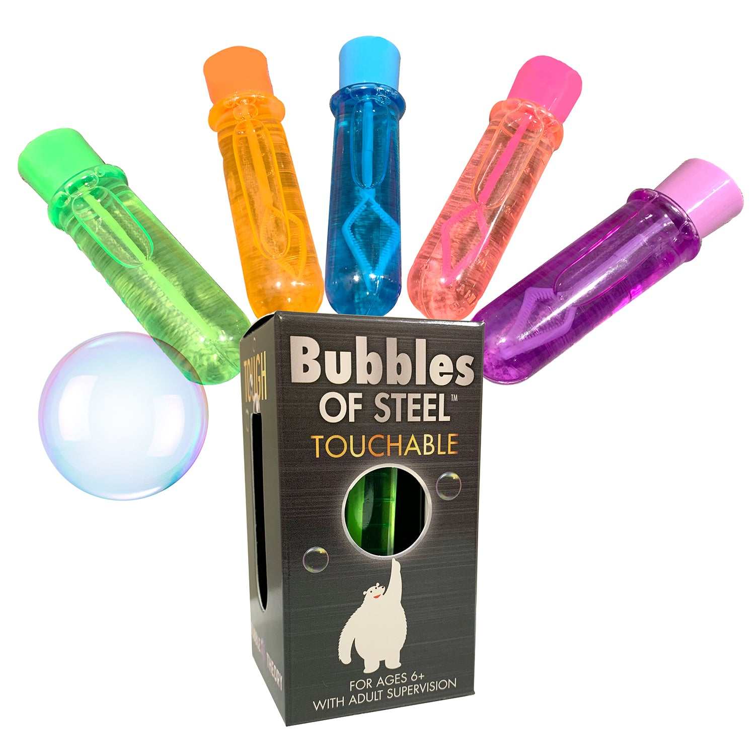 Colorful bubble wands with a box labeled 'Bubbles of Steel Touchable' on a white background.
