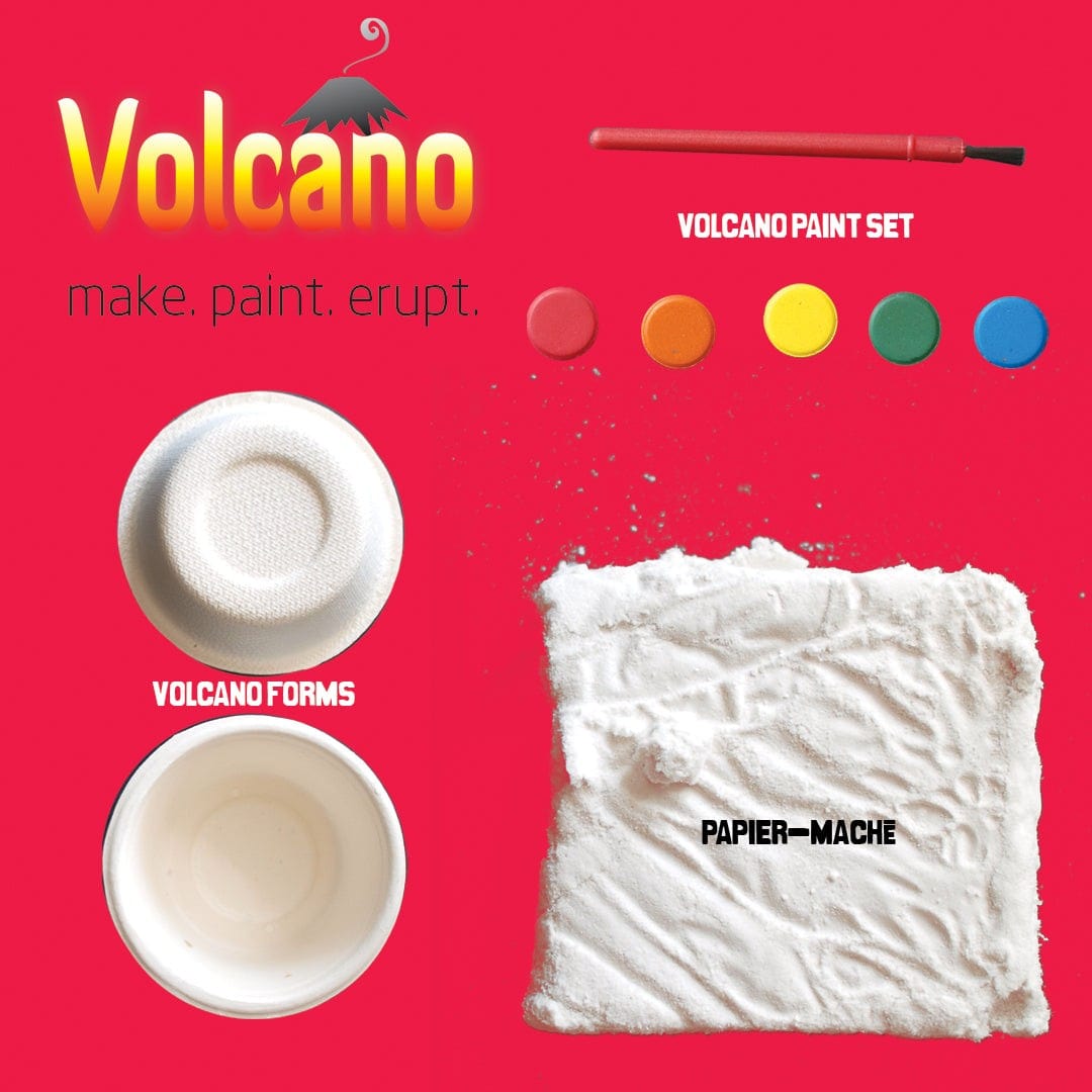 Volcano paint set with papier-mache on a red background