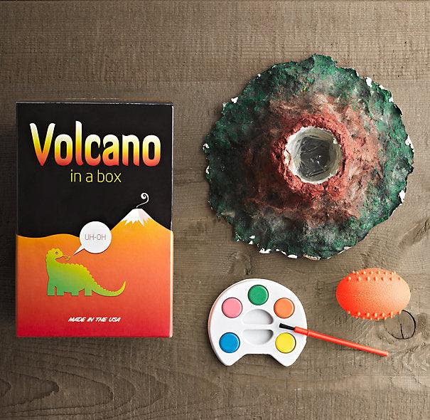 Volcano in a box kit with volcano model, paint palette, and orange tool on a wooden surface