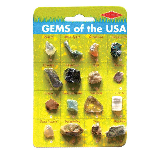 Packaged set of 'Gems of the USA' with various gemstones on a colorful label.