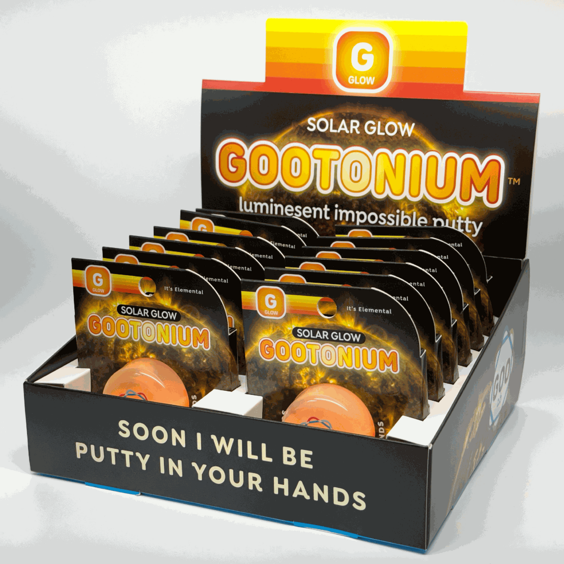 Display box of Gootonium solar glow putty with promotional text.
