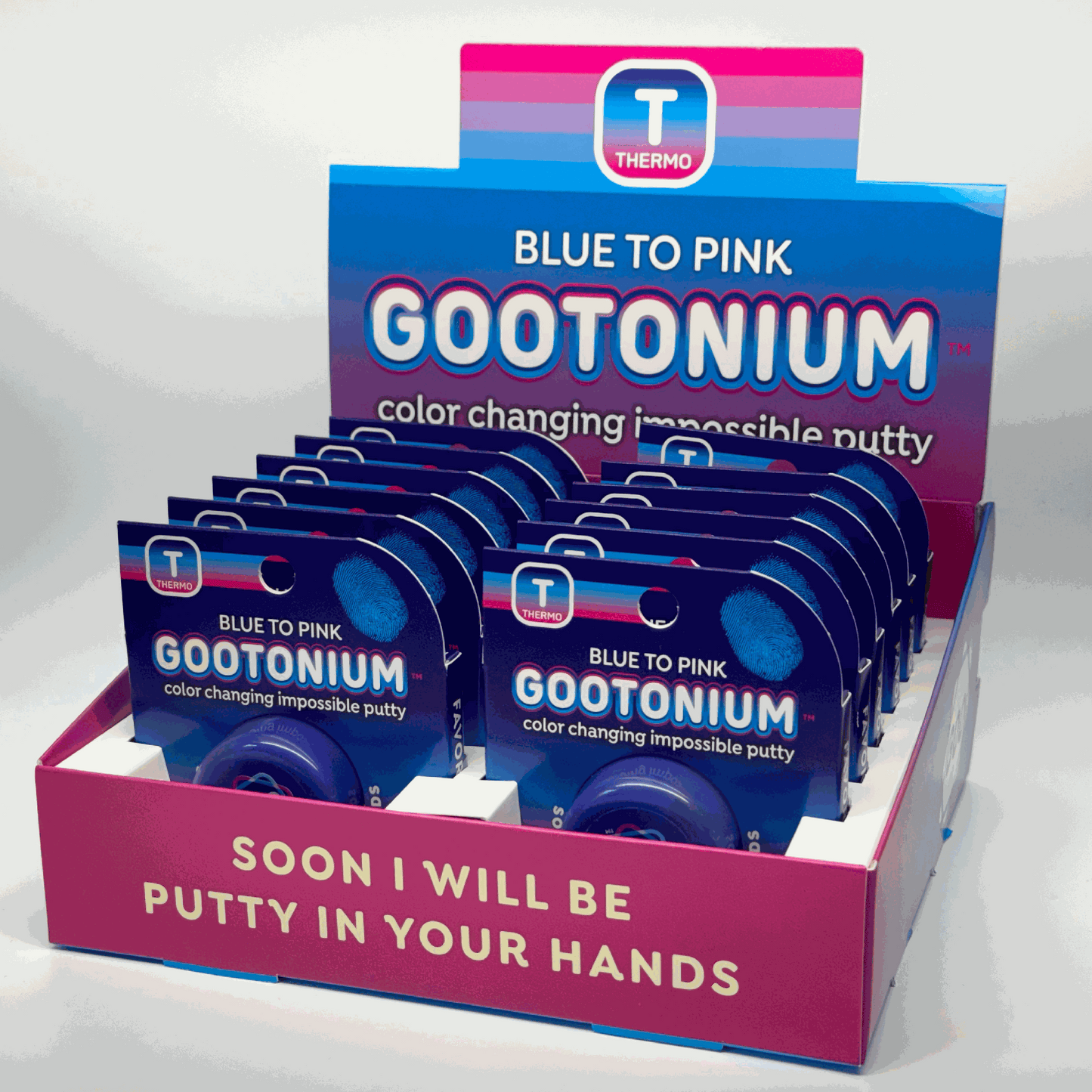 Display of Blue to Pink Gootonium color-changing impossible putty with Thermo branding.