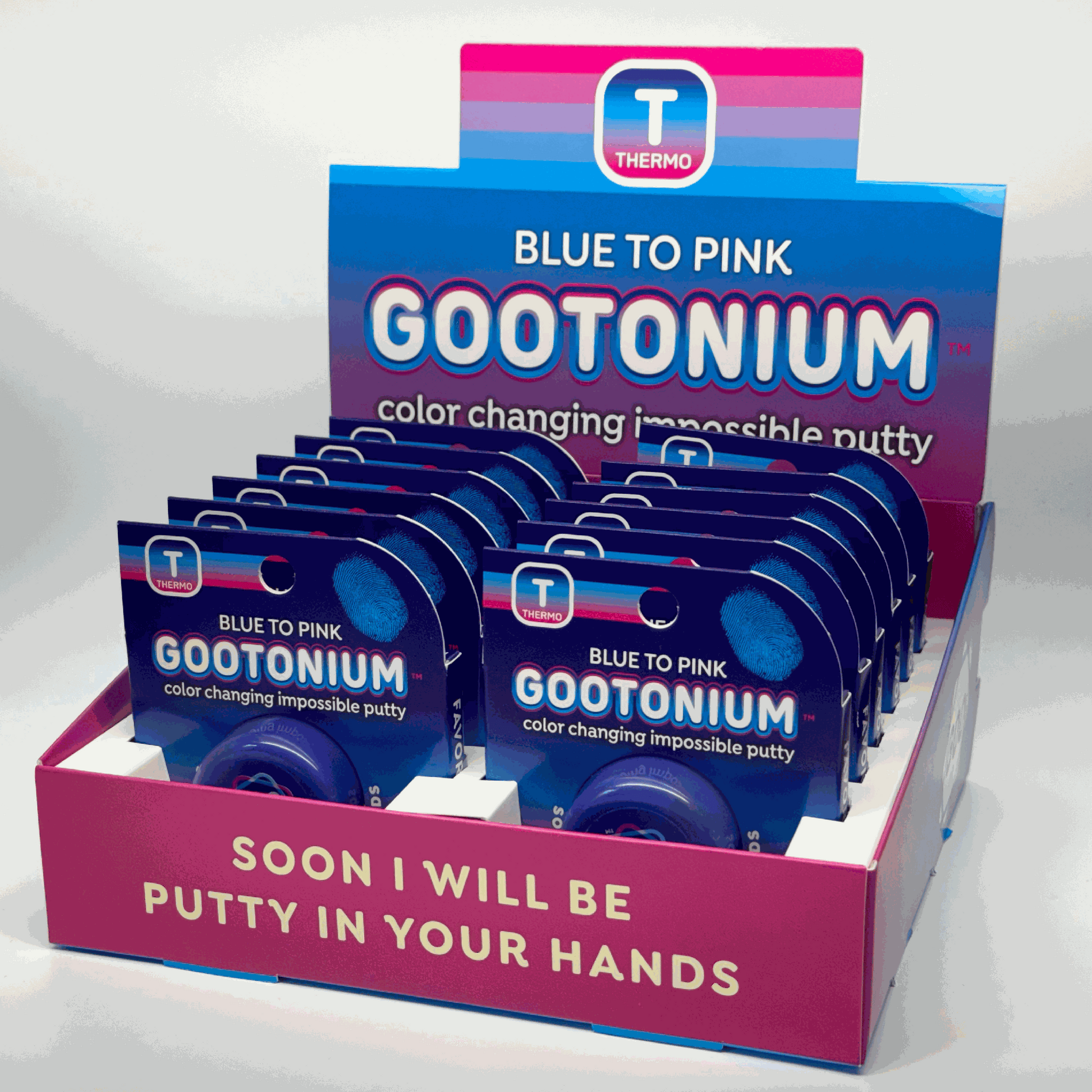 Display of Blue to Pink Gootonium color-changing impossible putty with Thermo branding.