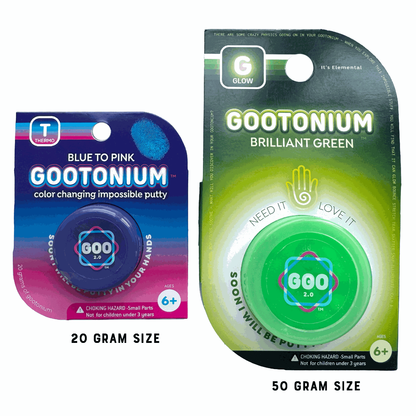 Two packages of Gootonium color-changing putty, one blue to pink and one brilliant green, on a white background.