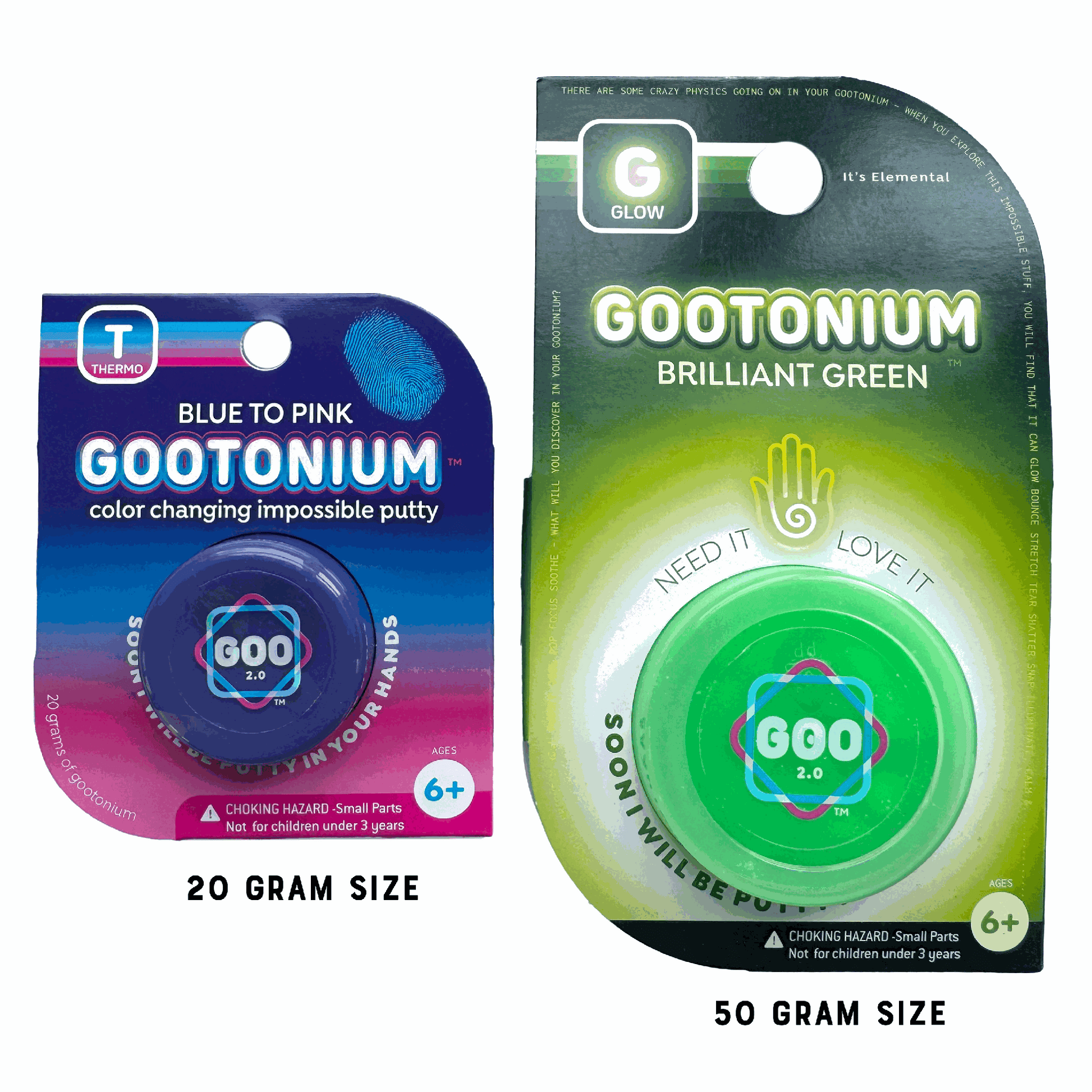 Two packages of Gootonium color-changing putty, one blue to pink and one brilliant green, on a white background.