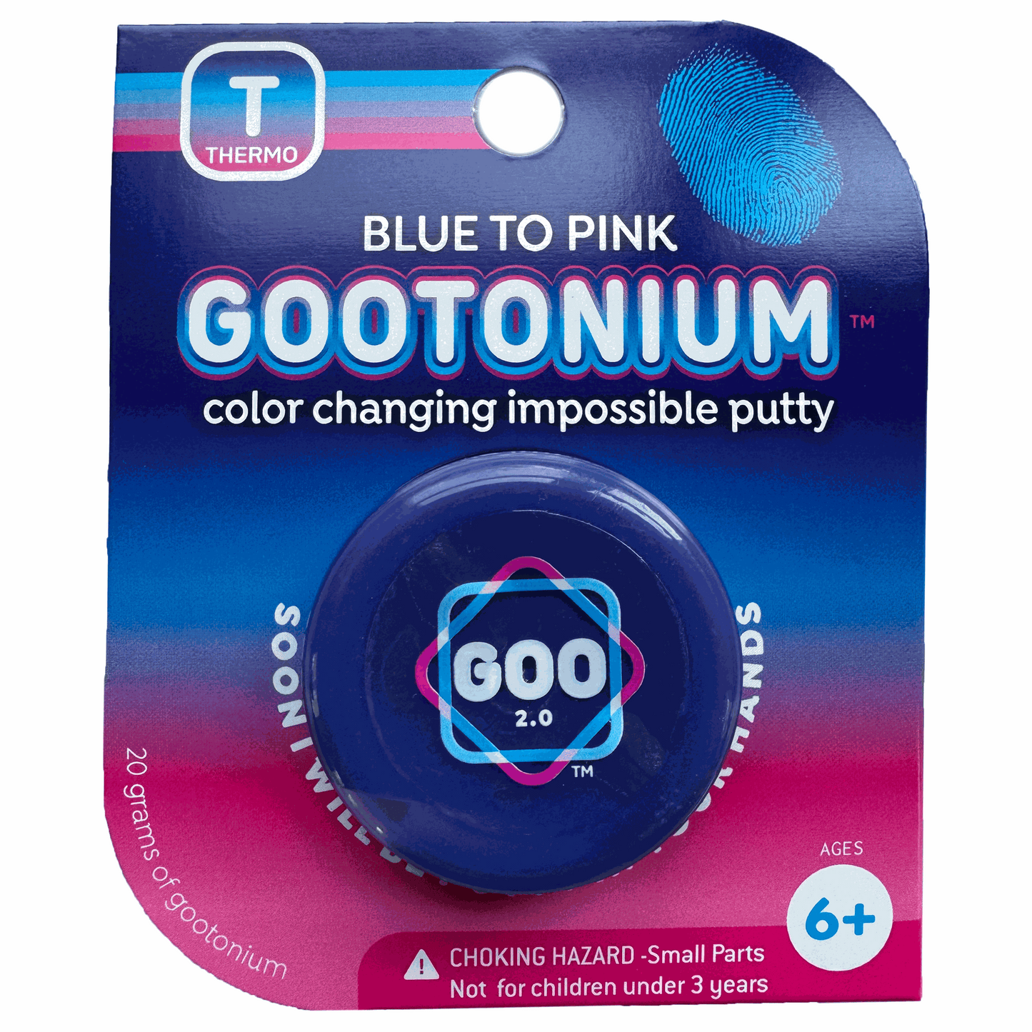 Gootonium color-changing impossible putty packaging with blue to pink gradient