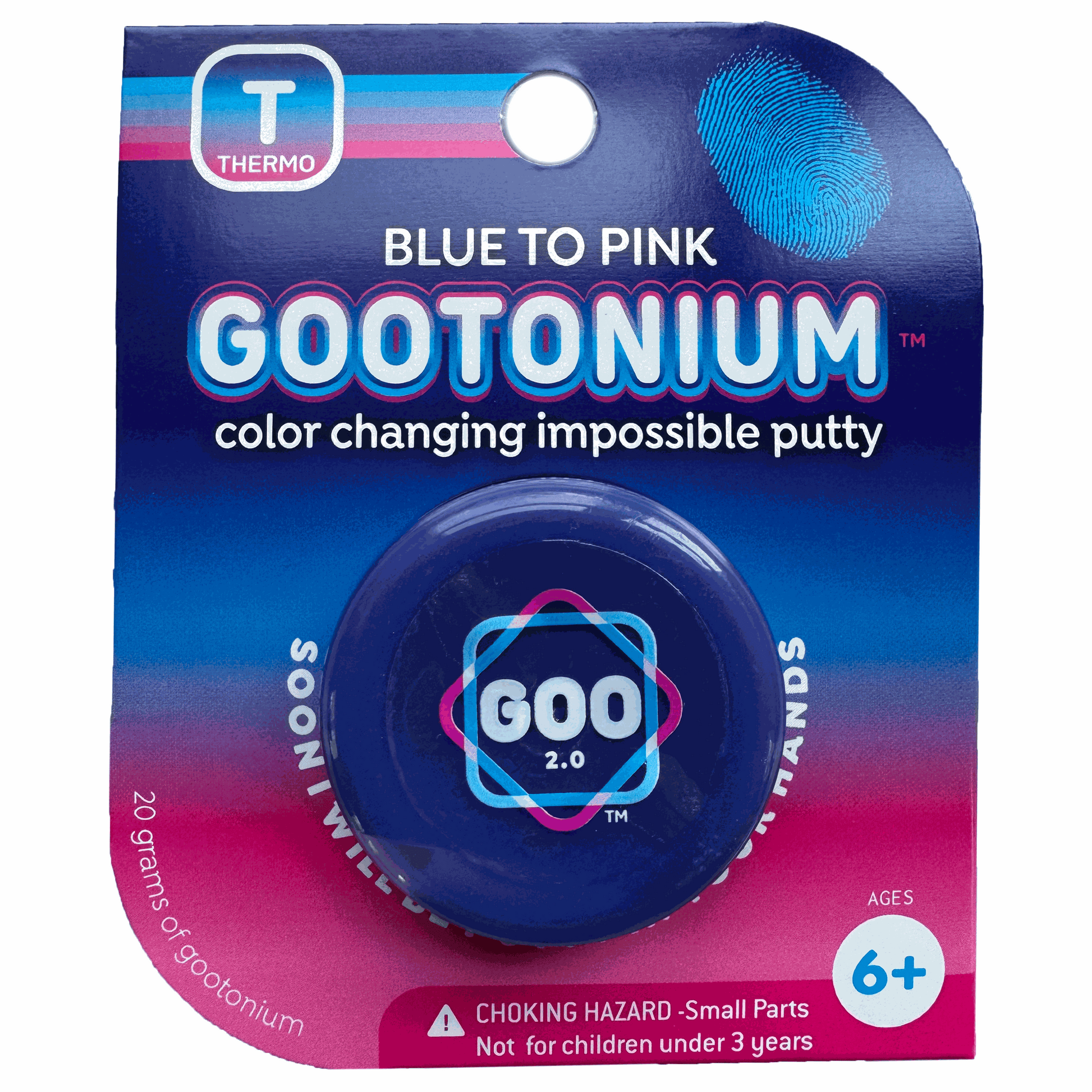 Gootonium color-changing impossible putty packaging with blue to pink gradient