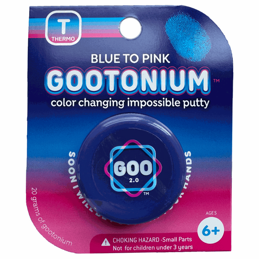Gootonium color-changing impossible putty packaging with blue to pink gradient