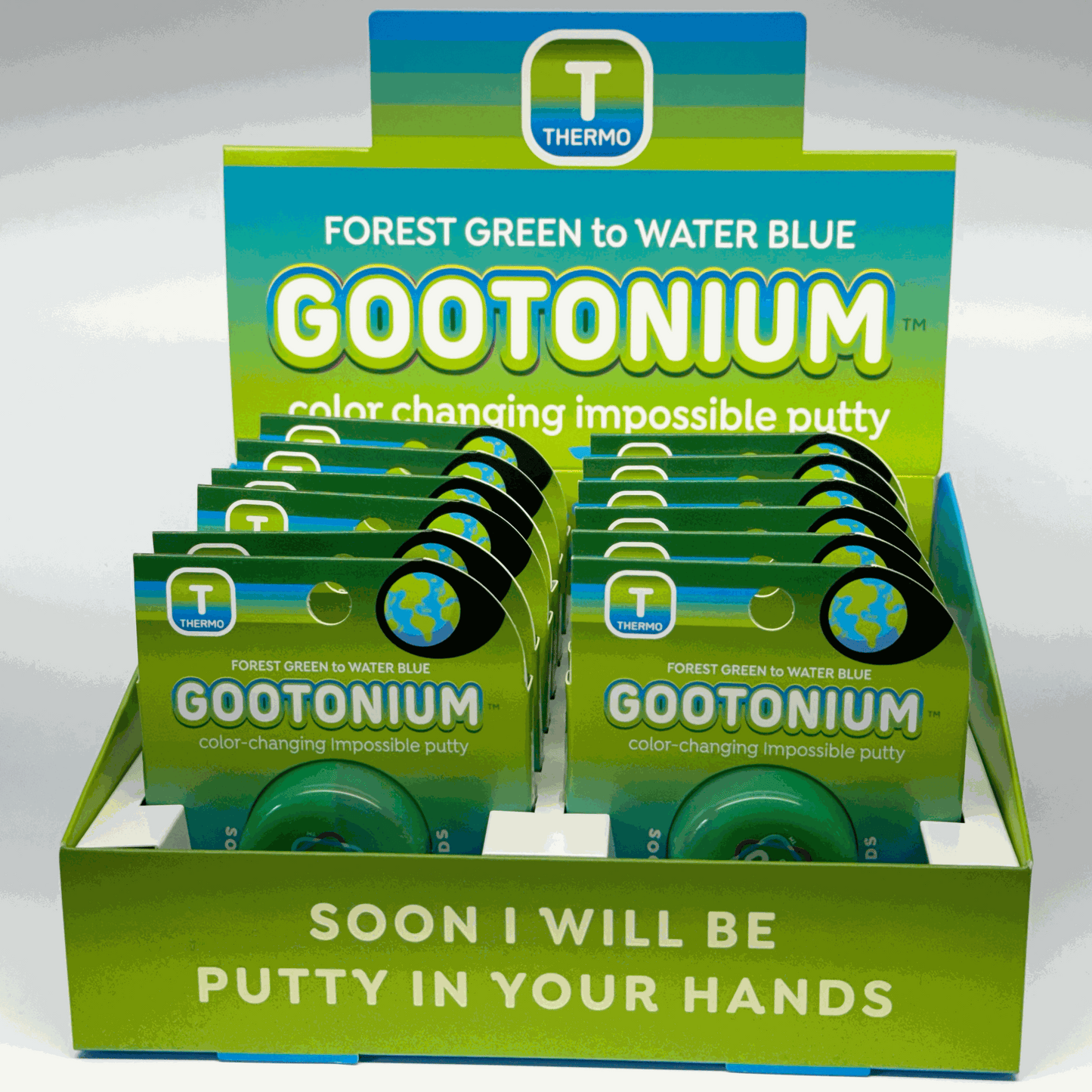 Display of Gootonium color-changing impossible putty with Thermo branding.