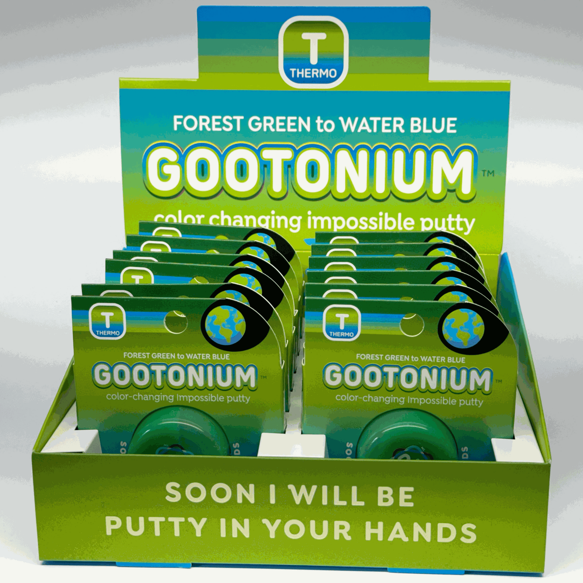Display of Gootonium color-changing impossible putty with Thermo branding.