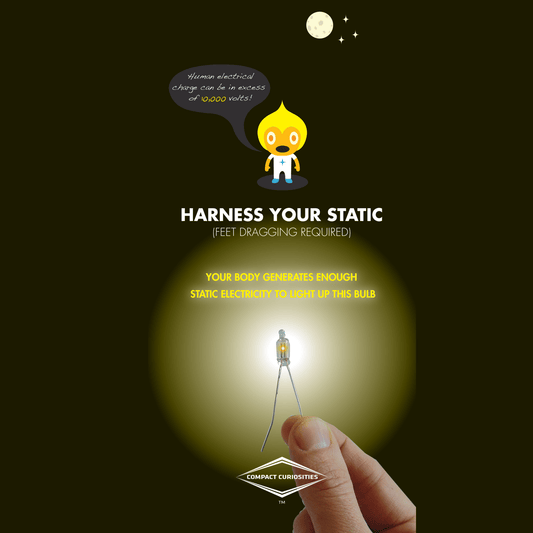 Illustration of a hand generating static electricity to light up a bulb, with humorous text.
