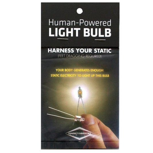 Packaging of a human-powered light bulb with humorous text on a white background
