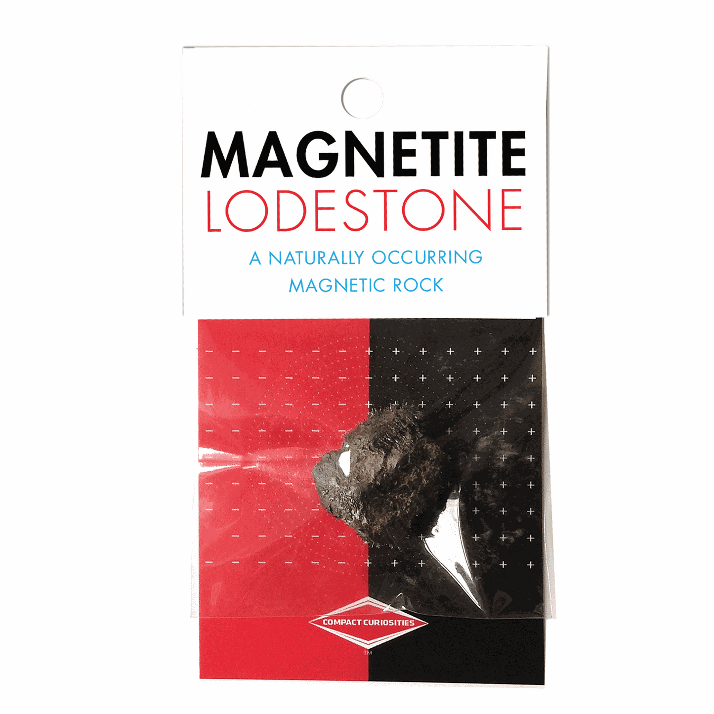 Packaging of a magnetite lodestone with a red and black design on a white background.