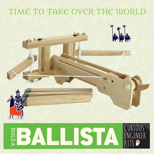 Wooden ballista model with promotional text on a beige background
