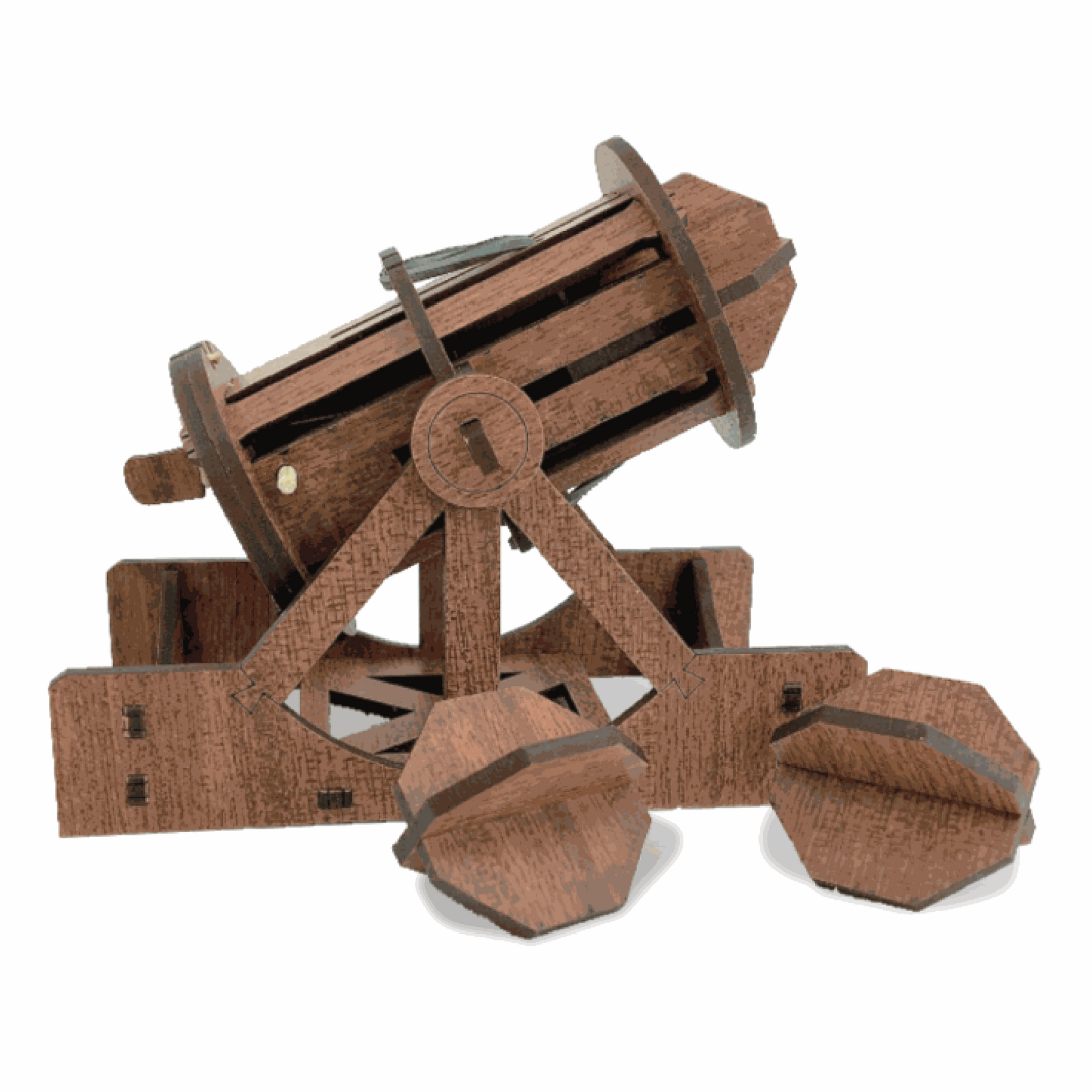 Wooden model of a medieval trebuchet on a white background