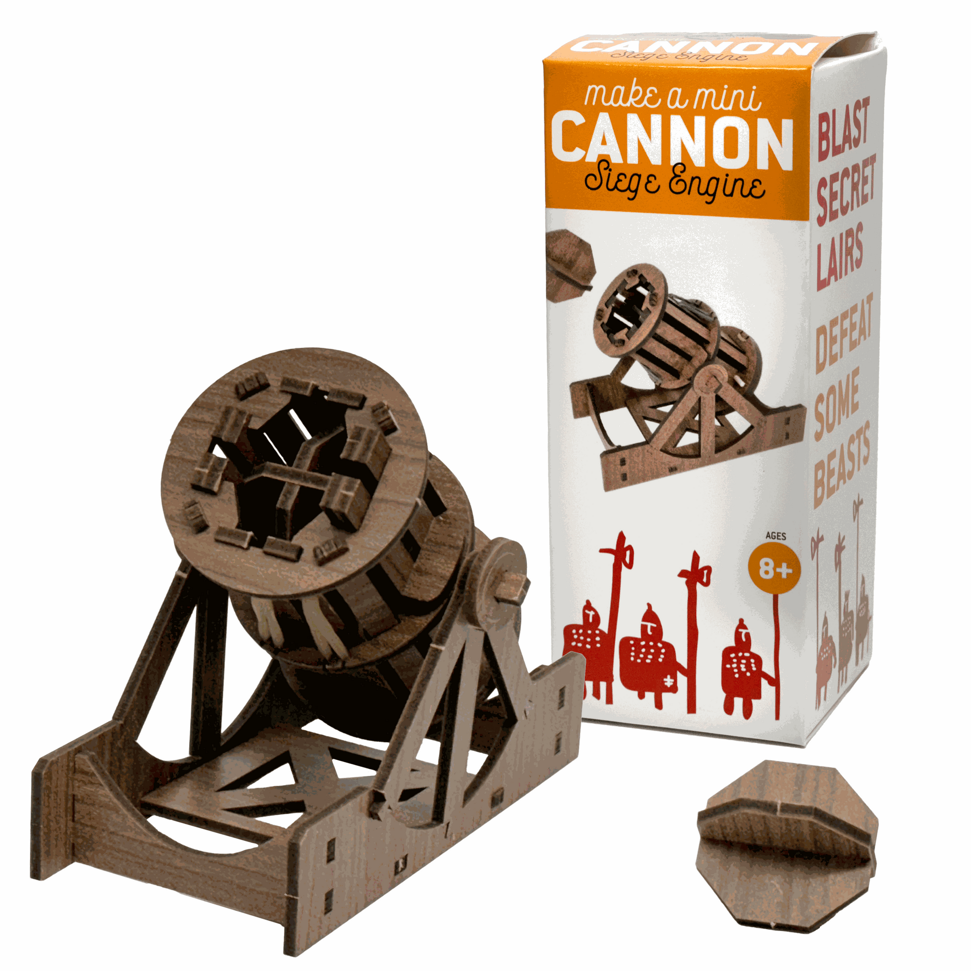 Wooden model of a cannon and packaging box on a white background