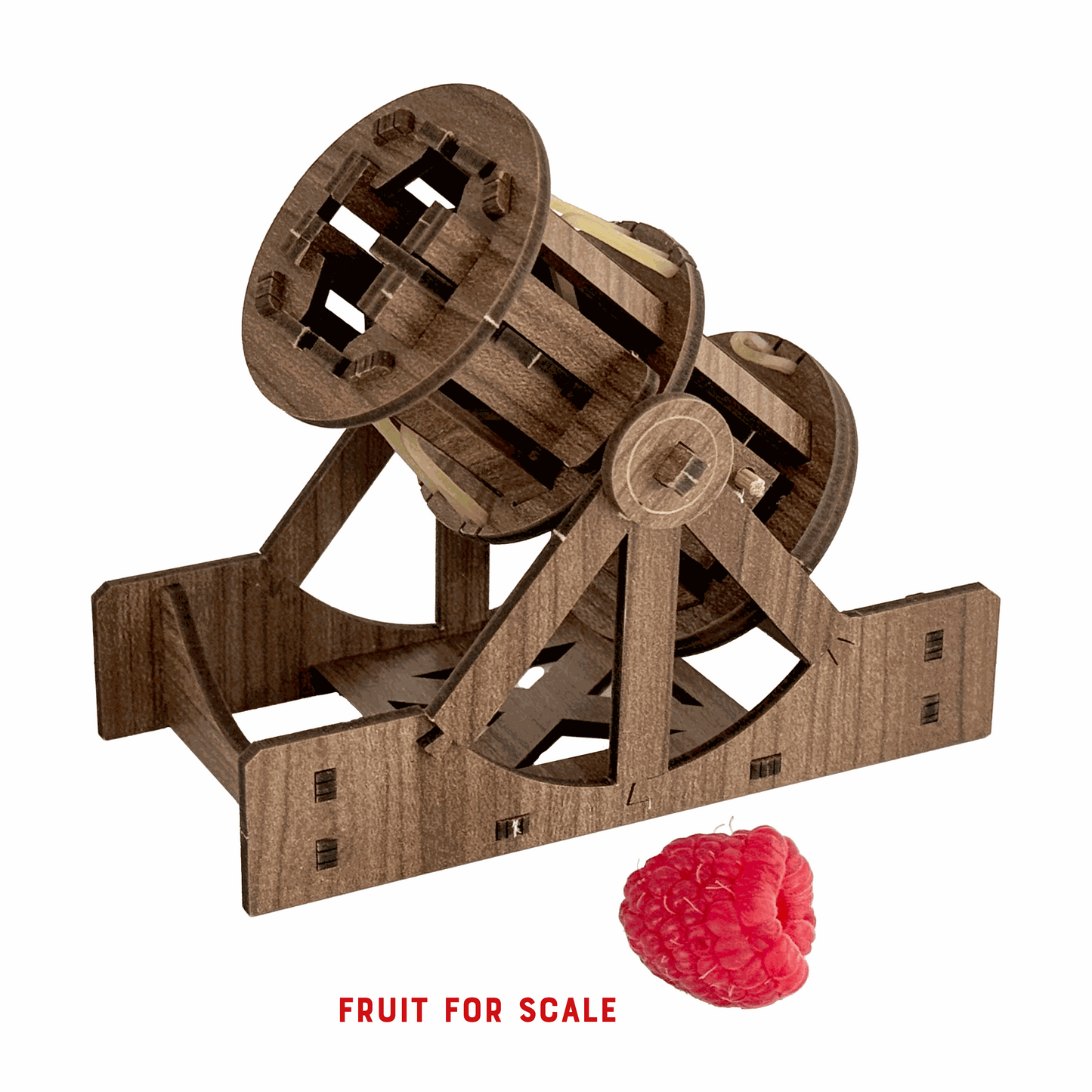 Wooden model of a trebuchet with a raspberry for scale on a white background