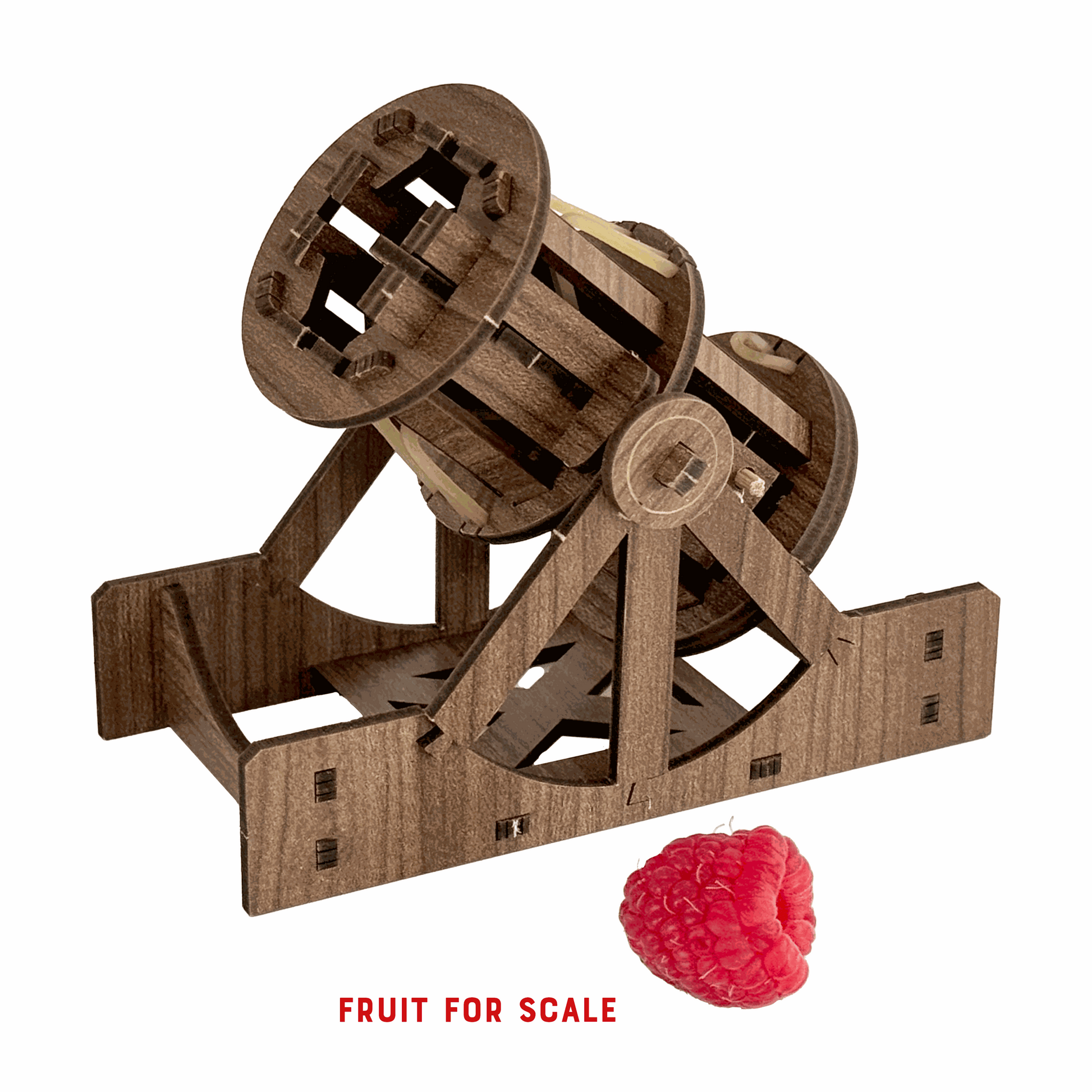 Wooden model of a trebuchet with a raspberry for scale on a white background