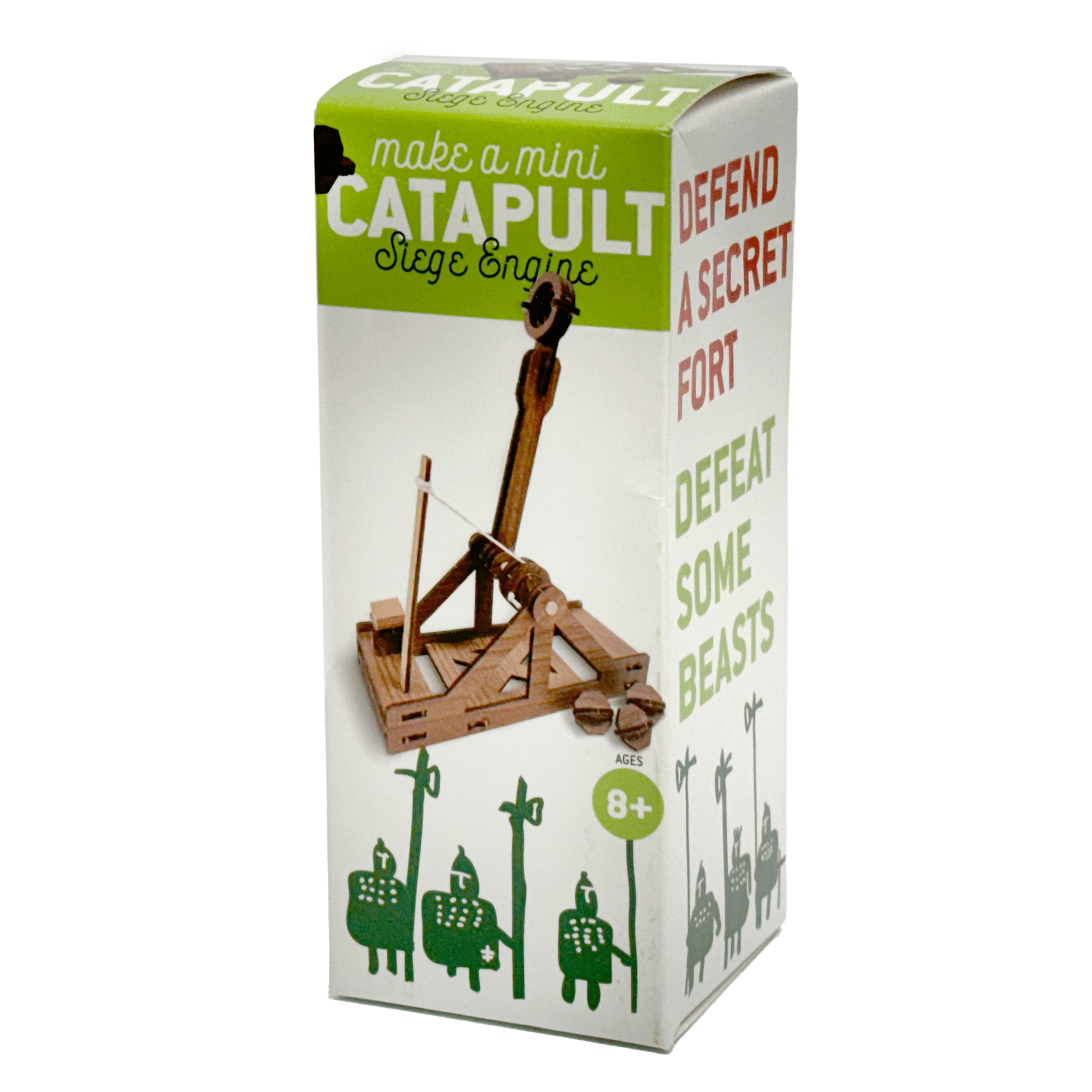 Box for a mini catapult toy with text on a white background