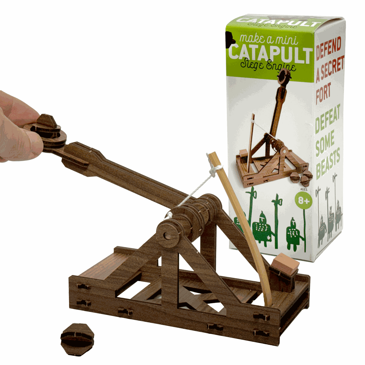 Wooden mini catapult toy with packaging on a white background