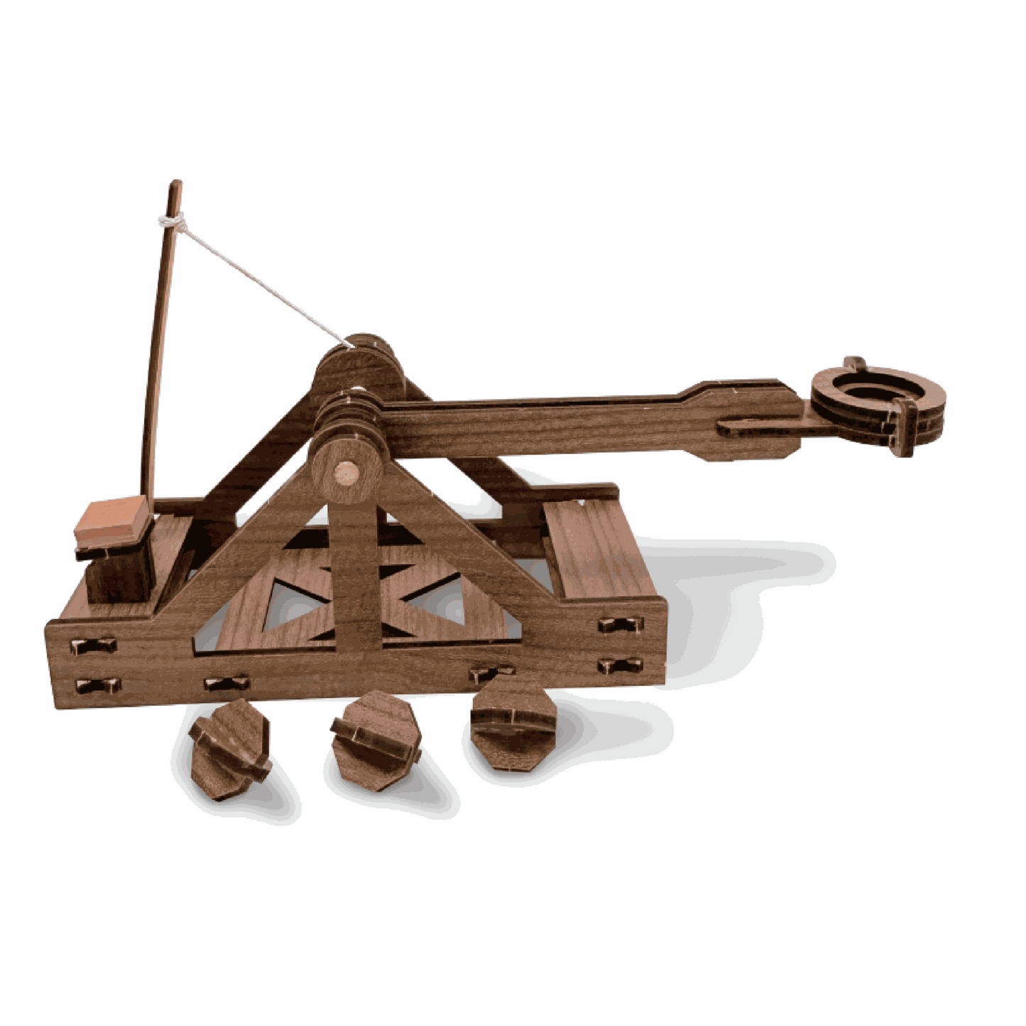 Wooden model of a trebuchet on a white background