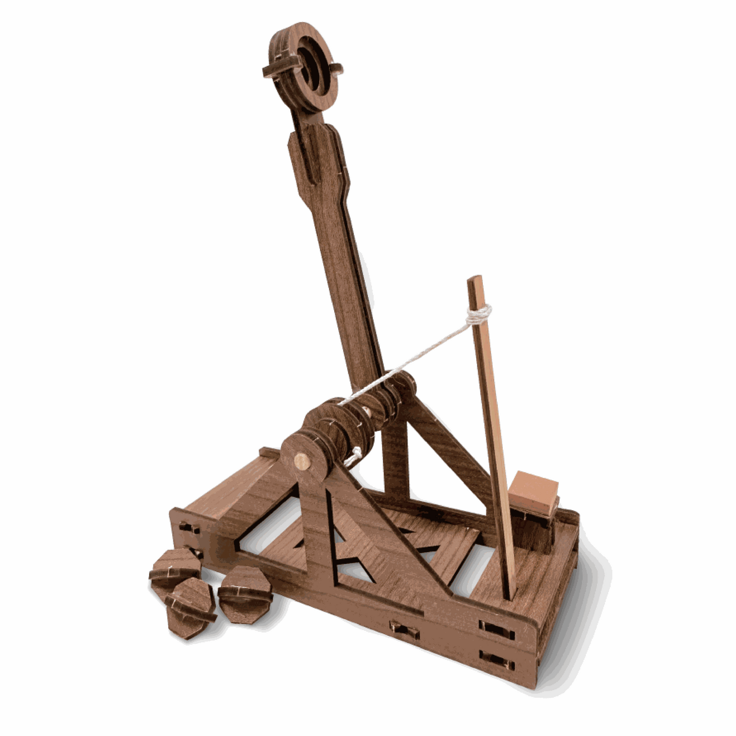 Wooden model of a trebuchet on a white background