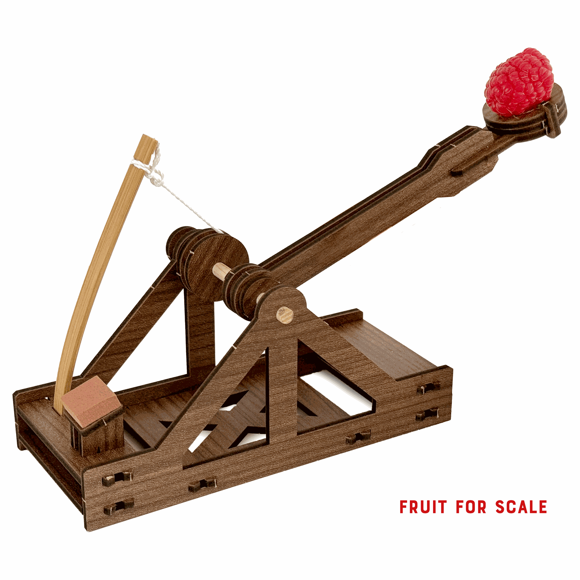 Wooden trebuchet model with a raspberry on a white background