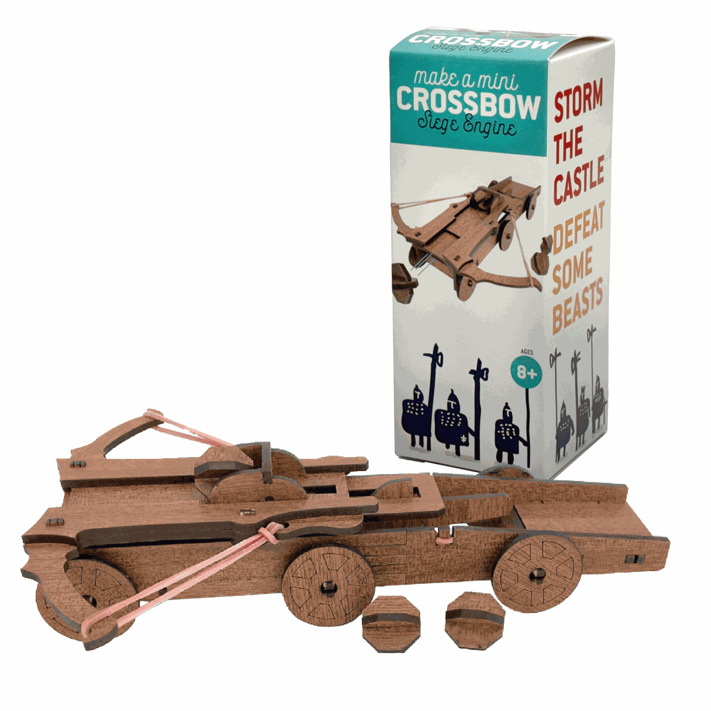 Wooden mini crossbow toy with packaging on a white background