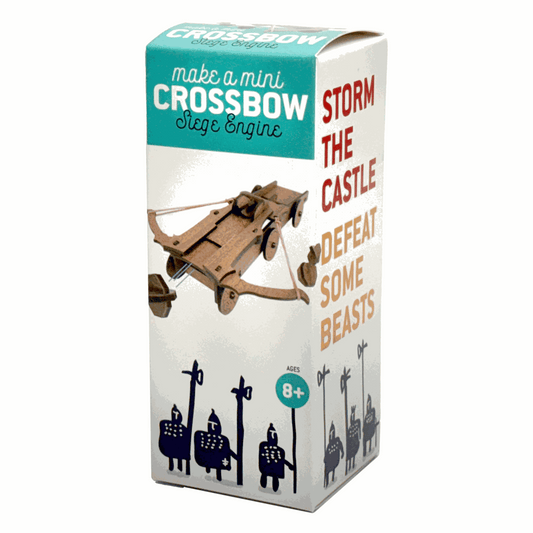 Box for a mini crossbow toy with text and illustrations on a white background