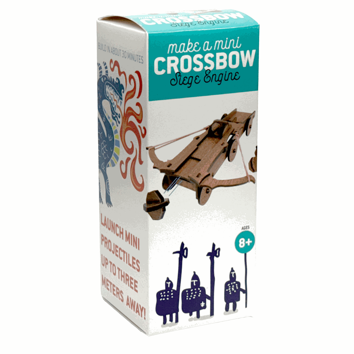 Box for a mini crossbow toy engine with illustrations and text on a white background