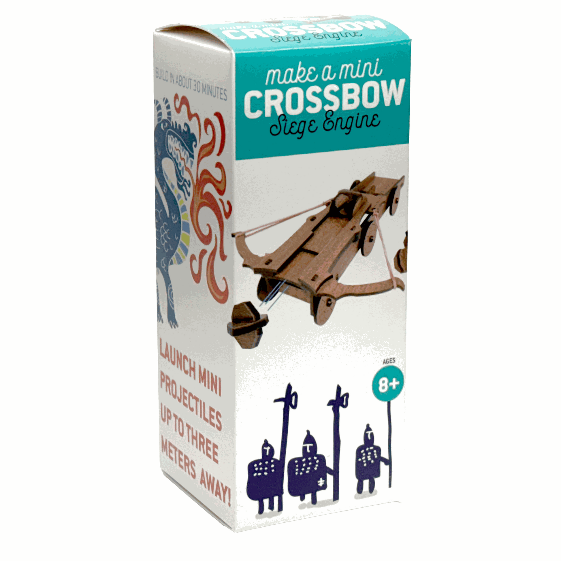 Box for a mini crossbow toy engine with illustrations and text on a white background