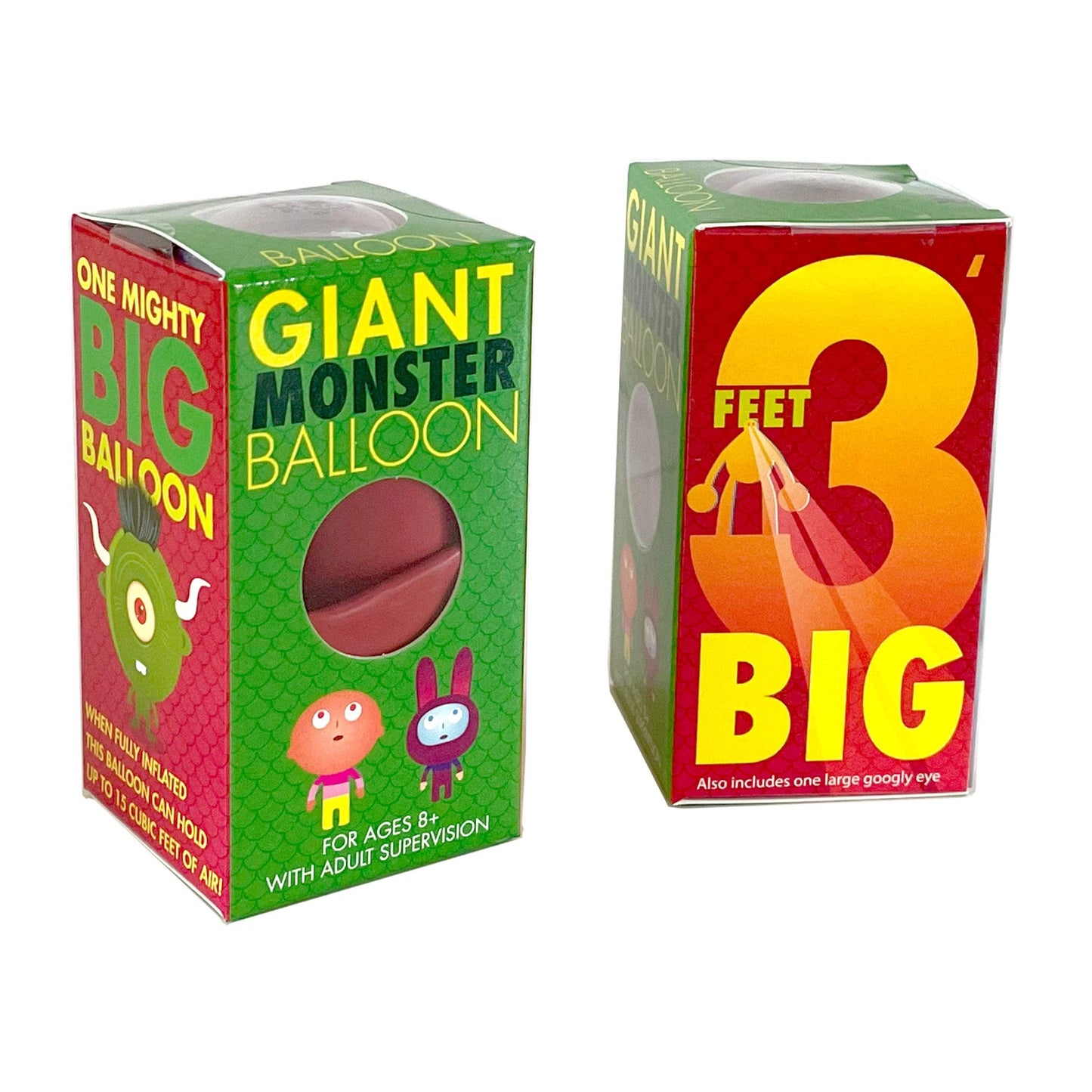 Two boxes of giant monster balloons with colorful designs and text.