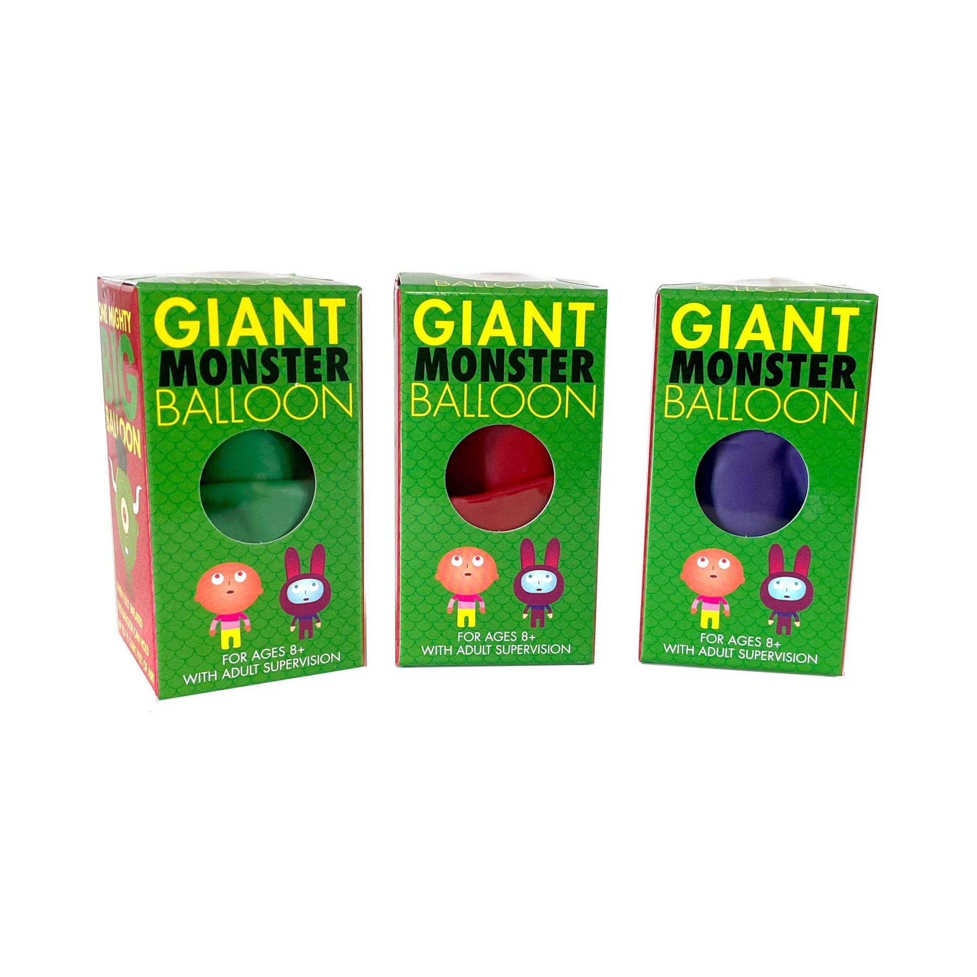 Three boxes of Giant Monster Balloons on a white background