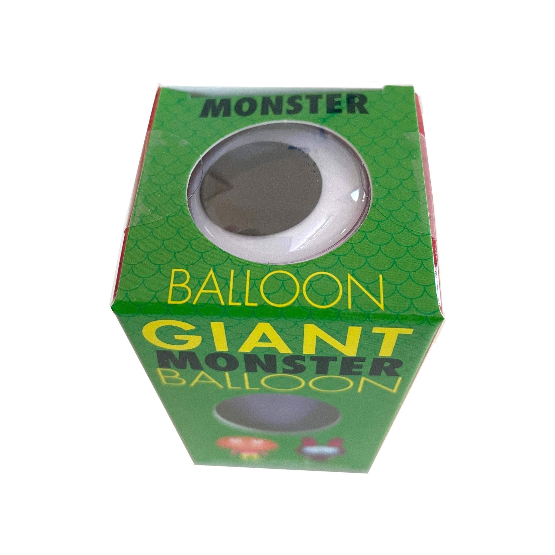 Box for a giant monster balloon with green and yellow text on a white background