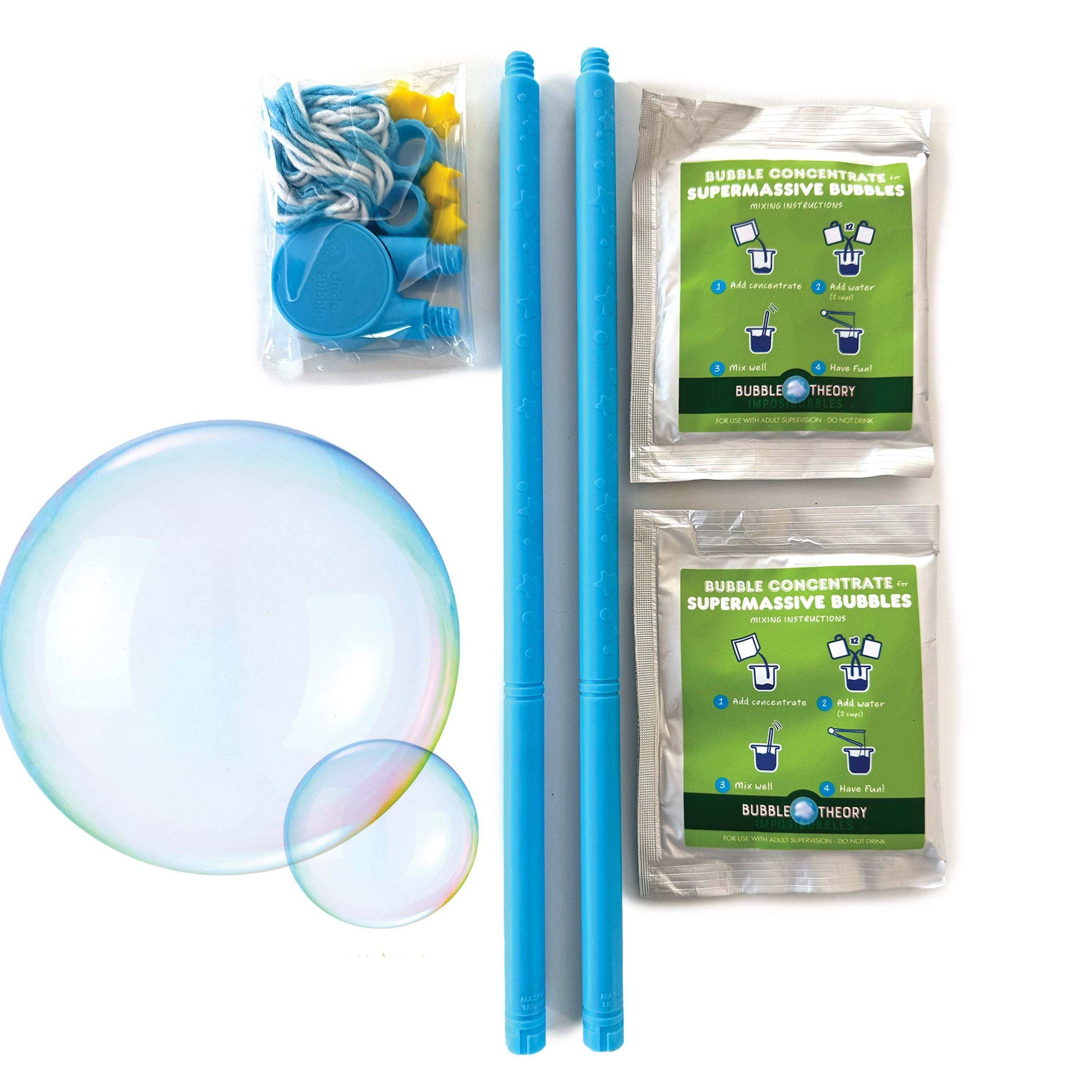 Bubble-making kit with bubble wands, bubble solution packets, and bubble solution bottles on a white background.