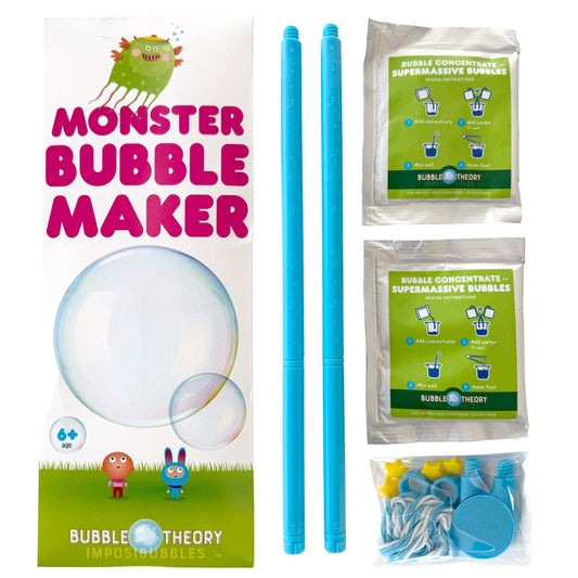 Monster bubble maker set with blue sticks and bubble concentrate packets on a white background