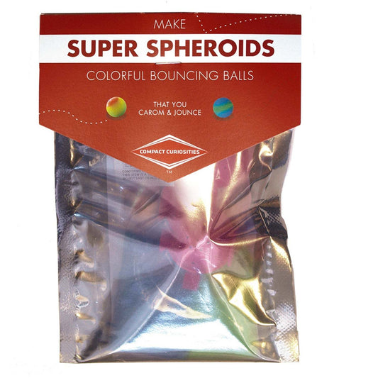 Packaging of Super Spheroids colorful bouncing balls with a red label.