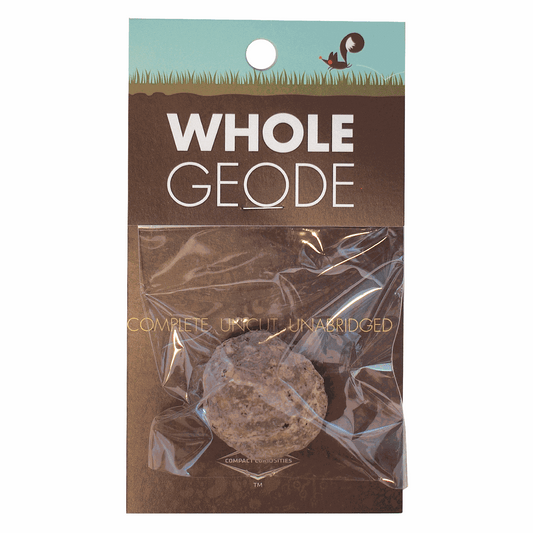 Package of Whole Geode with clear plastic wrapping on a white background