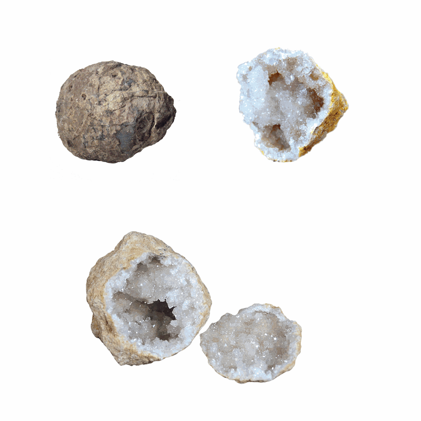 Four crystal geodes on a white background