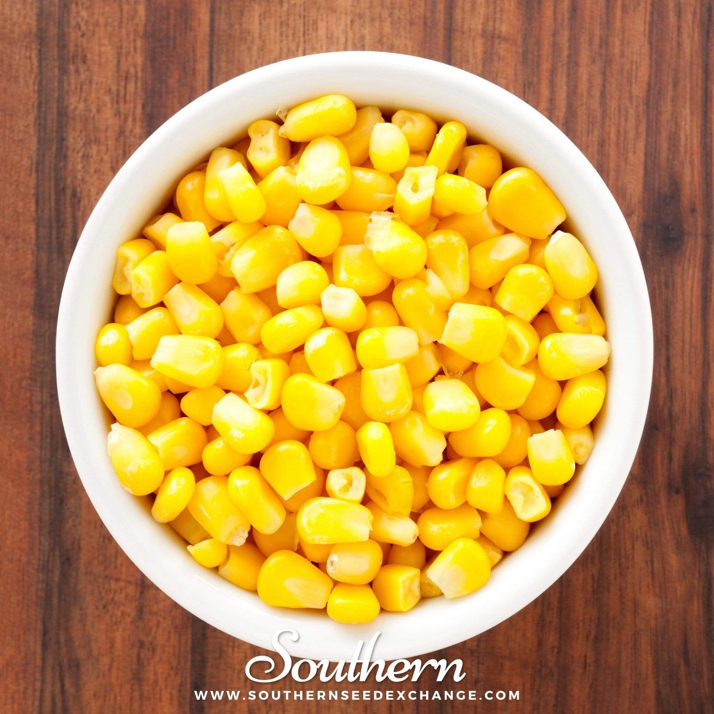 White bowl filled with yellow corn kernels on a wooden surface, with 'Southern' branding.