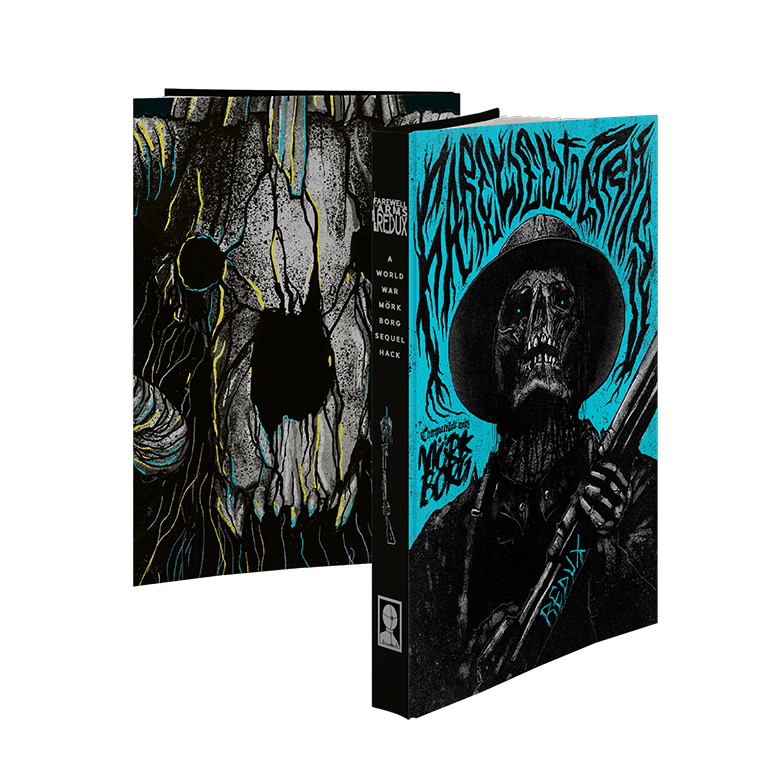 Gothic-style book with skeleton design on a white background