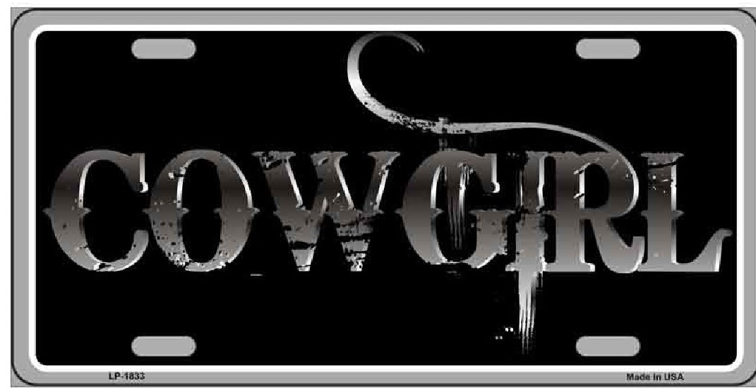 Cowgirl Metal Stylized Font Silver On Black Novelty License