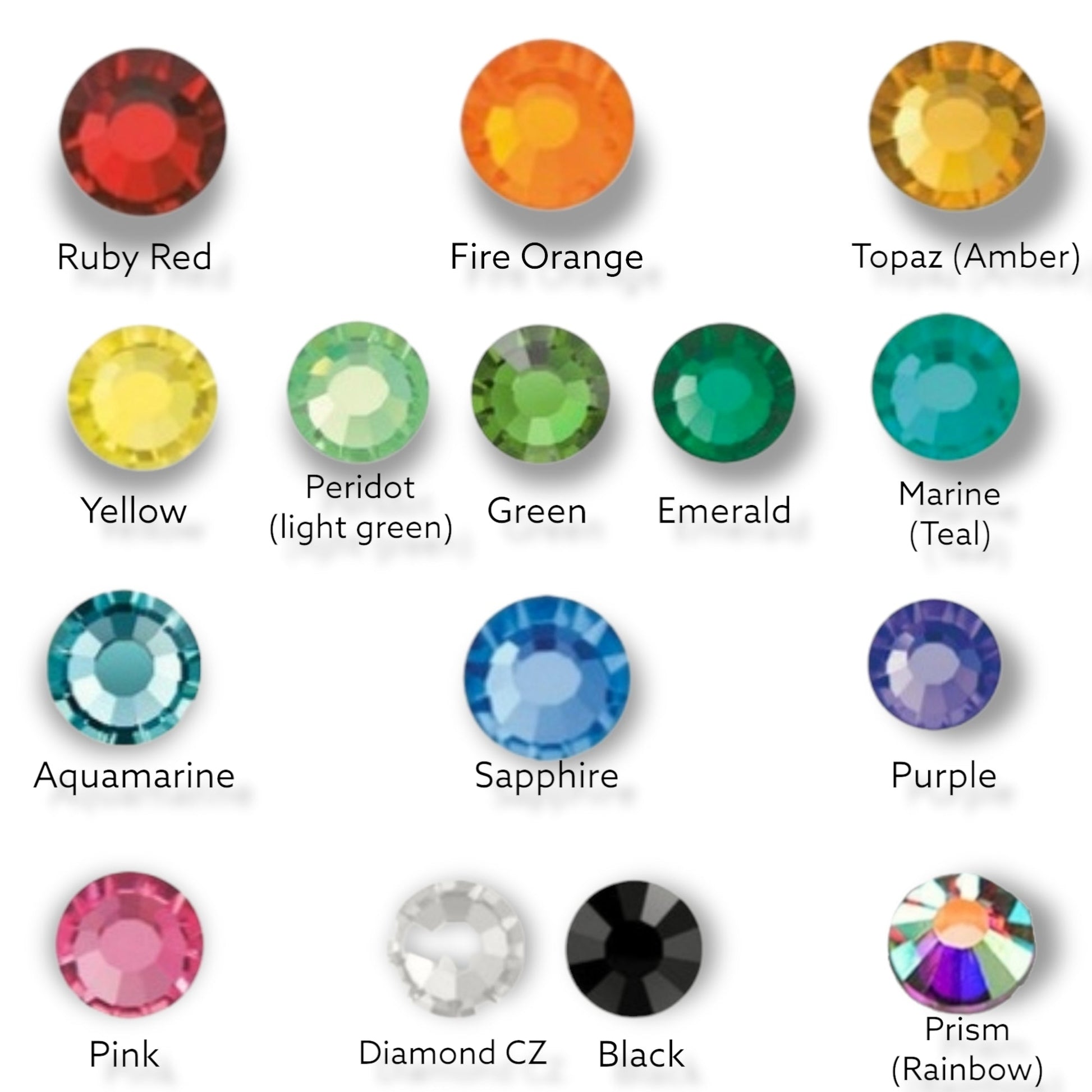 Color swatches of gemstones with labels on a white background